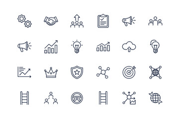 Teamwork and Management Line Icon Set for Business, Leadership, Growth, Strategy, Success, Innovation, Collaboration, Networking, Goal Achievement, and Organizational Development