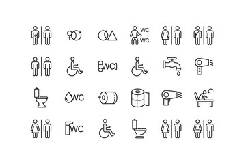 Toilet icons set, restroom signs collection, WC symbols, bathroom accessibility, gender neutral and disabled toilet symbols, water tap, toilet paper roll, hygiene and washroom vector icons