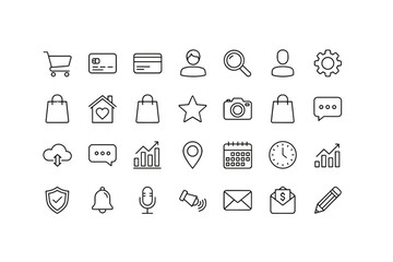User Interface Icons Kit for Website, App, and E-commerce Design. Minimalist Shopping, Payment, User, Settings, Security, Communication, Analytics, Location, Calendar, and Notification Icons.