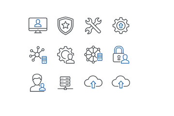 User administrator icons set with computer, security shield, tools, gears, network, server, cloud upload, and padlock symbols for IT support and technology management vector