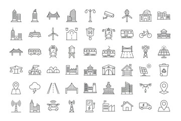 Urban infrastructure linear icons collection, cityscape buildings, bridges, public transport, renewable energy, smart technology, navigation pins, recycling, and modern urban design vector set