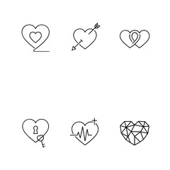 Valentine's Day heart line icons set with love symbols, arrow pierced heart, intertwined hearts, key and lock heart, heartbeat and geometric heart shapes for romantic and health concepts