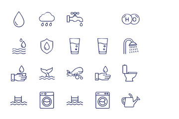 Water icon set including drop, rain, faucet, glass, shower, aquatic life, hygiene, washing machine, watering can, pool, and toilet symbols for water conservation and usage concepts