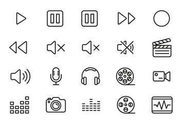 Editable vector icon set of video and audio media controls, playback buttons, sound and microphone symbols, film reels, camera, headphones, and equalizer for multimedia projects