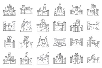 Medieval castles icon set in thin line style, vector collection of fortress and fortress towers, medieval architecture, fantasy castles, historic stone buildings, stronghold illustration
