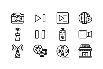 Video and media icon set with camera, play, pause, remote control, cinema, broadcasting tower, and film reel symbols for multimedia and streaming design