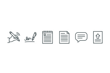 Handwriting signature and document icons set with note, pen, text, speech bubble, upload arrow, and writing line strokes, creative writing, communication symbols