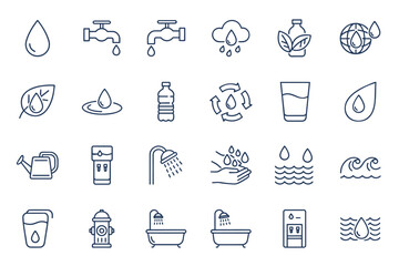 Water icon set with taps, droplets, bottles, recycling, shower, glass, waves and hydration symbols. Line and flat style vector collection for environmental, conservation, and water resource concepts.
