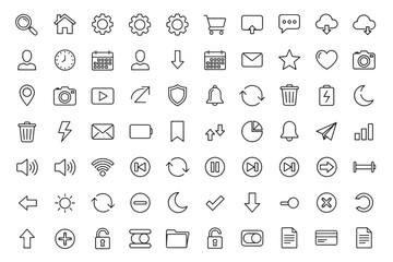 Pixel perfect basic user interface icon set, 48x48 pixel line art symbols for UI design, web, app navigation, multimedia control, communication, security, technology elements