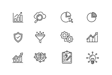 Set of Data Analytics and Business Icons Vector, Growth Charts, Pie Graphs, Security Shield, Funnel, Gears, Brain AI, Checklist, Innovative Light Bulb, Digital Marketing and Strategy Symbols