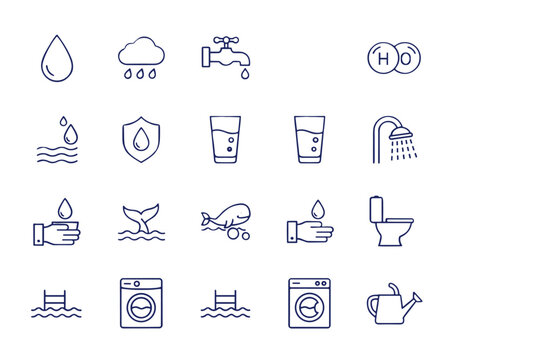 Water icon set including drop, rain, faucet, glass, shower, aquatic life, hygiene, washing machine, watering can, pool, and toilet symbols for water conservation and usage concepts