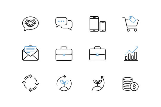 Business and communication icons set, minimalist vector symbols including handshake, chat bubbles, smartphones, shopping cart, envelope, briefcase, growth chart, recycling, and finance concepts