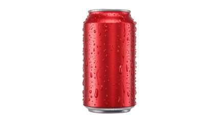 Obraz premium A vibrant red aluminum soda can, refreshingly covered in condensation droplets, standing upright against an isolated pure transparent background.