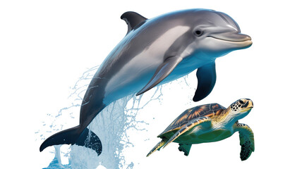 Naklejka premium A dynamic pair of a bottlenose dolphin gracefully leaping from the water alongside a green sea turtle is captured with a clear transparent background.