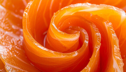Smoked salmon curl with silky texture and glossy highlights, macro close-up
