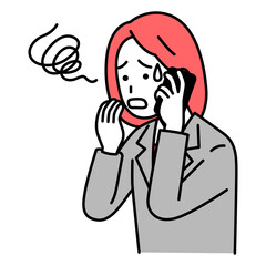 スマートフォンでの通話で困惑するスーツの女性