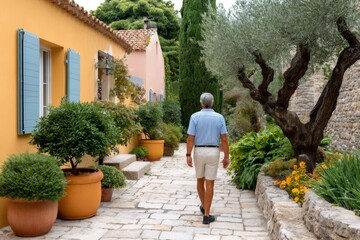 Senior man walking along Mediterranean villa path