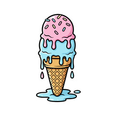 Cartoon illustration of a melting double scoop ice cream cone with colorful sprinkles on a white background