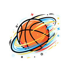 Dynamic cartoon basketball icon in motion with speed trails and sparks