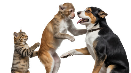 A cat, monkey, and dog interact with each other.