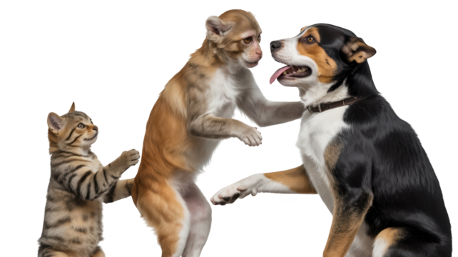 A cat, monkey, and dog interact with each other.