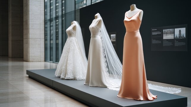 Elegant wedding dress showcase boutique location bridal gowns contemporary environment tailored viewpoint concept