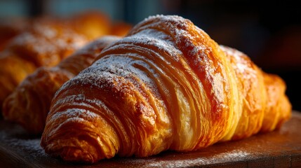 Golden croissants on wooden surface
