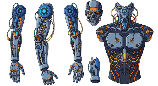 Detailed Cybernetic Body Parts and Robotic Components Illustration.