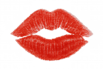 Red lipstick kiss mark, sensual lips imprint with a textured feel, symbol of love and beauty on transparent background