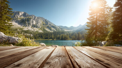 Wooden tabletop set against the backdrop of a lake	