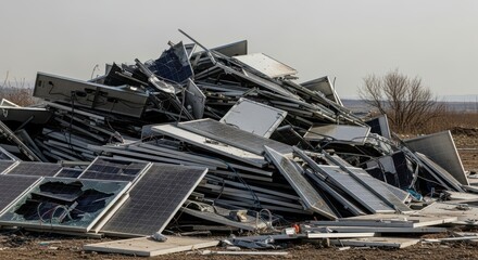Naklejka premium Pile Of Damaged Solar Panels In A Dusty Field 