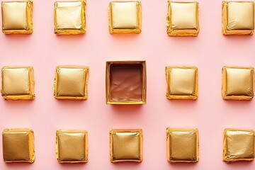 A pattern of gold foil-wrapped chocolate squares arranged in an aerial view on a pastel pink background