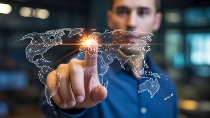 Global Connection Businessman Touching Illuminated World Map with Fingerwork