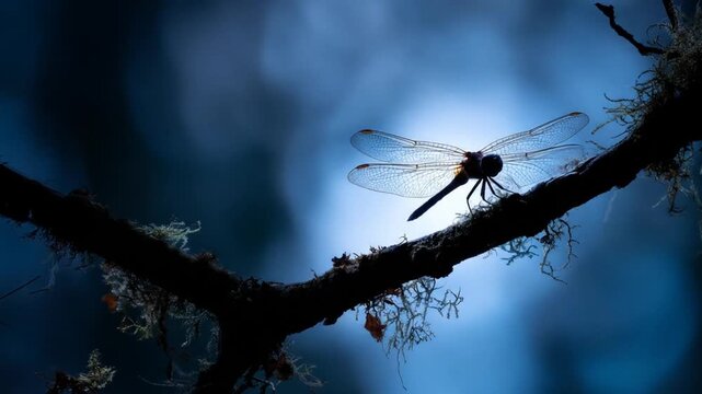 Silhouette of dragonfly perched on a branch against blue background