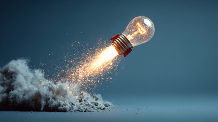 A lightbulb taking off like a rocket, symbolizing innovative ideas, creativity and progress, with a powerful thrust against a blue backdrop.