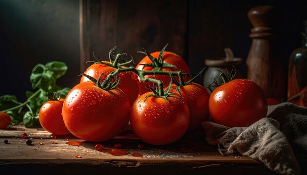 Assorted Fresh Red Tomatoes on Rustic Wooden Table with Cinematic Natural Light and Basil Leaves