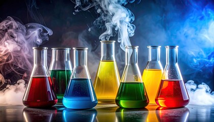 Assortment Of Beakers Filled With Colorful Liquids And Wisps Of Smoke In A Dark Setting
