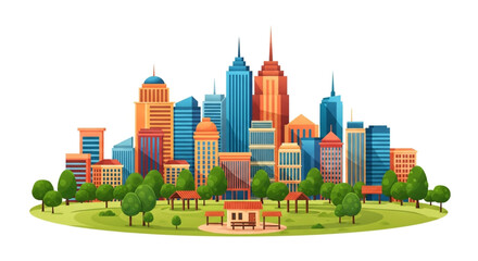 Fototapeta premium Cartoon cityscape with skyscrapers and green park, offering a vibrant and inviting urban landscape illustration