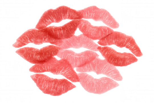 Red and pink lipstick kiss marks creating a pattern, symbolizing love, passion, and beauty with a transparent background