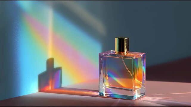 Rainbow reflection shining transparent perfume bottle with colorful light and shadow creating moody glow and elegant atmosphere rainbow reflection shining transparent perfume bottle with golden cap