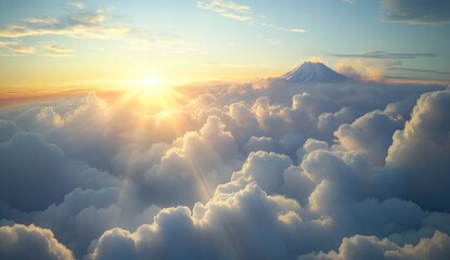 A photo of the sun rising behind Mount Fuji, with rays piercing through the clouds
