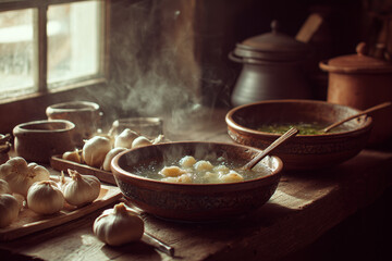 Rustic preparation Piftie - traditional Romanian jellied pork made in home kitchen with authentic methods