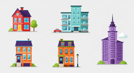 Collection of cartoon houses and buildings in a variety of styles set of residential and commercial structures