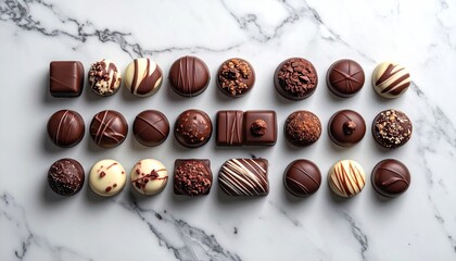 Assortment of Dark Milk and White Chocolates Arranged in Rows on a Marble Surface with Top Down View