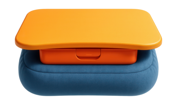 Portable kids' lap desk with a cushioned base and storage, ideal for use on a sofa.