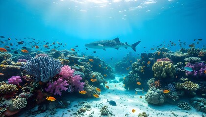 A majestic whale shark glides over a colorful coral reef teeming with tropical fish in crystal clear blue waters, illuminated by sun rays.
