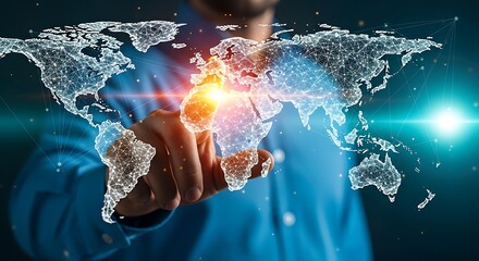 Global Network Connection Businessman Touching World Map Interface with Futuristic Technology