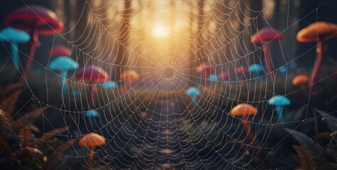An intricate, dewy spiderweb glistens in a magical forest with glowing, colorful fantasy mushrooms and warm sunrise light.