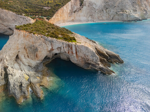 Aerial view of the striking Porto Katsiki beach where white cliffs meet the turquoise sea, creating a stunning contrast, Lefkada, Lefkada, Greece.