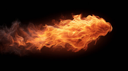 Fototapeta premium Bright flames swirl and flicker against a black background, showcasing dynamic movement and a range of orange and yellow hues. The intensity of the fire captures attention with its radiant glow